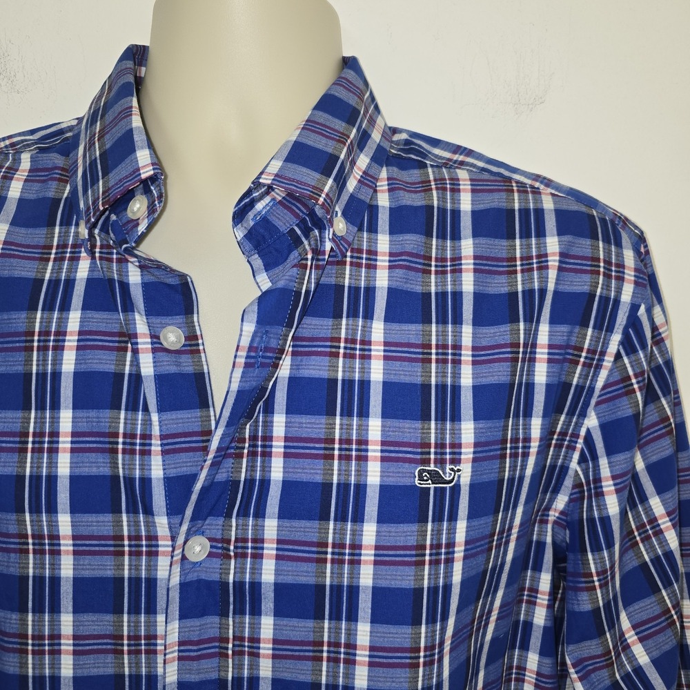 Vineyard Vines Regular Fit Whale Shirt Long Sleeve Blue Plaid Size M Mens Button